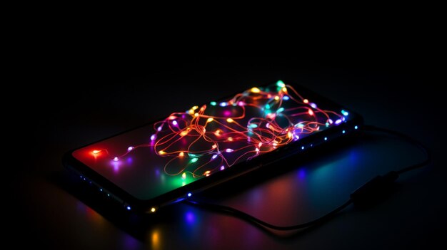 A phone with a string of lights on it