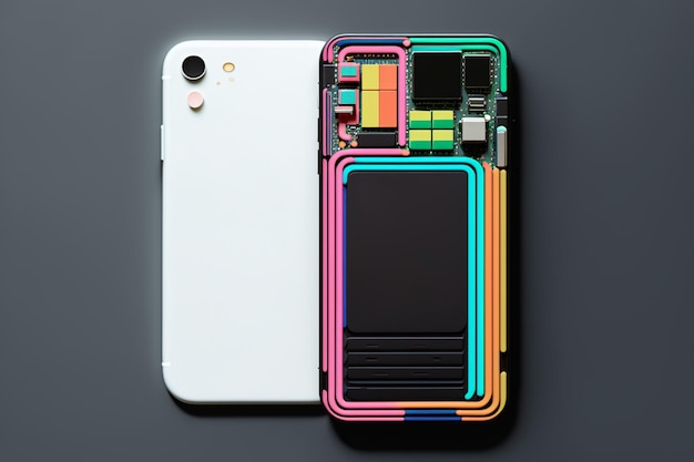 A phone with a white back and a rainbow colored cover.