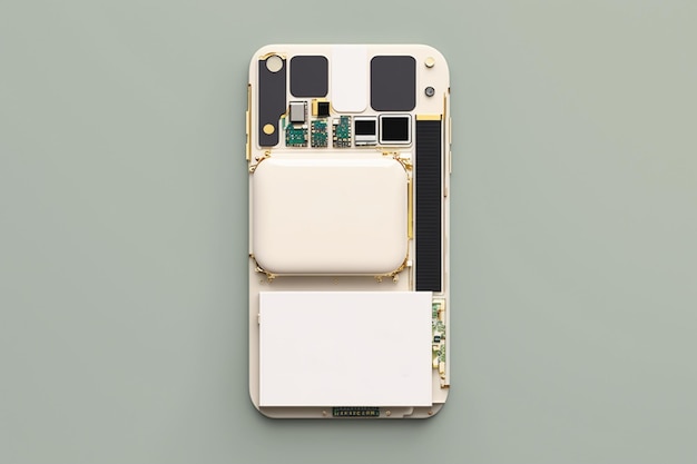 흰색 배터리 커버와 '핸드폰'이라고 적힌 흰색 라벨이 붙은 전화기