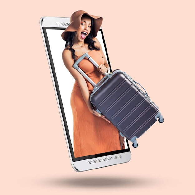 Phone woman and suitcase on 3d screen for portrait happiness and summer vacation by studio background Girl young and excited face with bag for international travel holiday and happy by backdrop