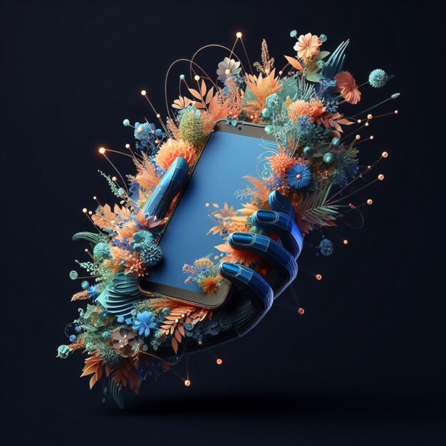 Foto rendering 3d del telefono con fogliame e fiori