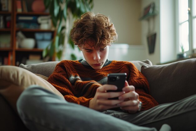 Photo phonechecking man displays anxiety and stress