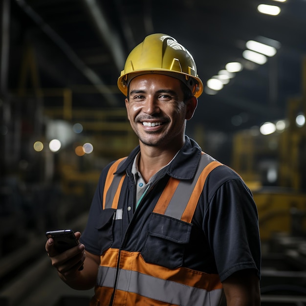 PhoneinHand Industry Worker at Metal Construction Site