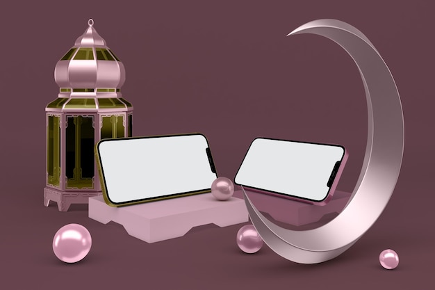 phones 12 and lantern left side with ramadan themed background