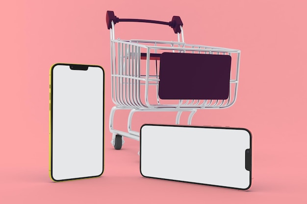 Phones 13 and Shopping Trolley Left Side In Pink Background