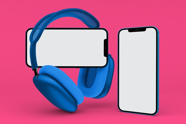 Phones and Headphones Front Side Isolated In Pink Background