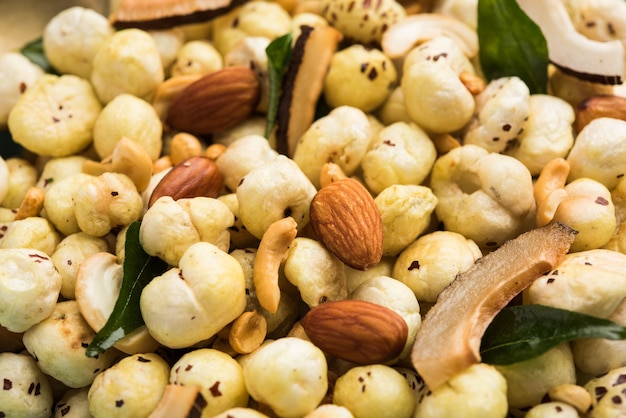 Phool Makhana Chivda is a crunchy healthy snack from india, perfect for teatime. Served in a bowl or plate. Selective focus