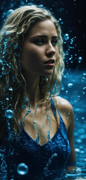 Photo 16k ultra realist Variant Movie BLUE LAGOON blond woman made of blue transparent water sp