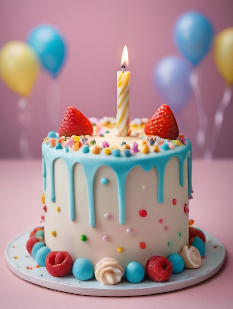 1年目の誕生日ケーキの写真 孤立したカラフルなパステル背景