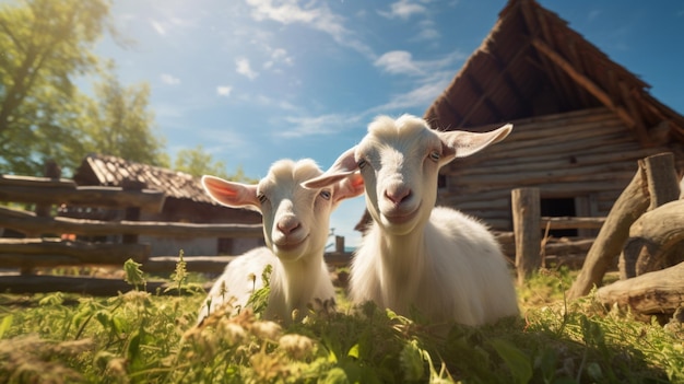 2匹のヤギのロマンチックな写真 農場の晴れた日に