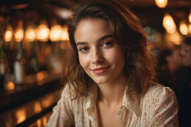 Photo of a 20 year old French woman in a blouse in a bar