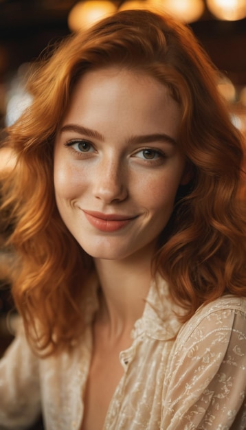 Photo of a 20 year old French woman in a blouse in a bar