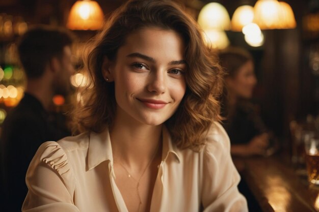 Photo of a 20 year old french woman in a blouse in a bar