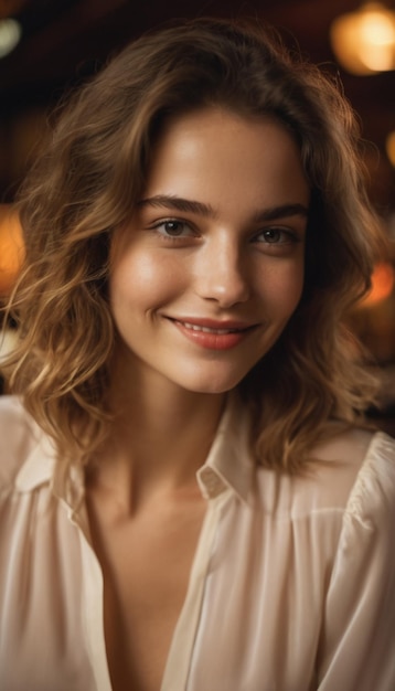 Photo of a 20 year old French woman in a blouse in a bar