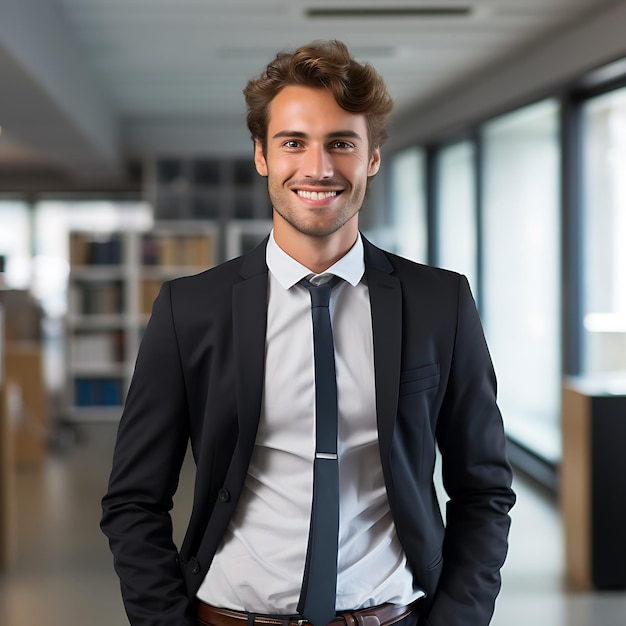 25세 독일인 사업가 의 사진 은 사무실 에 서 있는 갈색 머리카락 과 몸 을 가득 채워 미소 짓고 있다