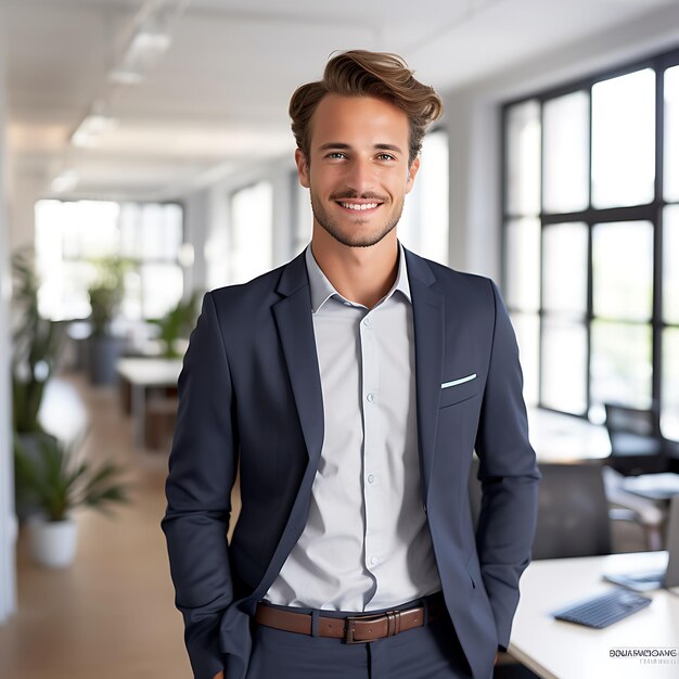 photo of a 25 year old german business man smiling brown hair full body standing in office