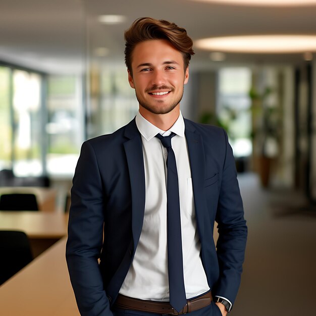 photo of a 25 year old german business man smiling brown hair full body standing in office