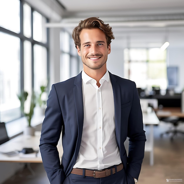 фотография 25-летнего немецкого бизнесмена, улыбающегося в полный рост, каштановые волосы, стоящего в офисе