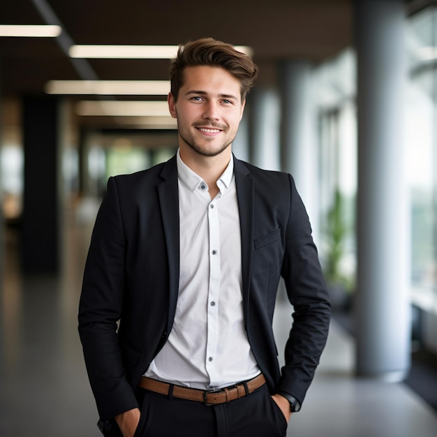 photo of a 25 year old german business man smiling brown hair full body standing in office