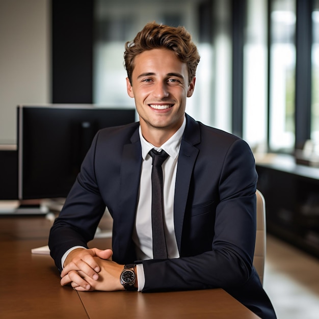 photo of a 25 year old german business man smiling brown hair full body standing in office