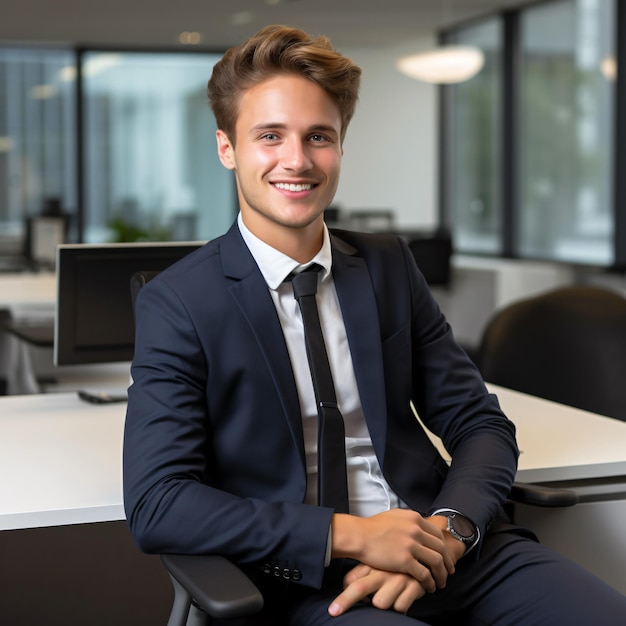 25세의 독일 사업가가 사무실에 서서 갈색 머리를 하고 웃고 있는 사진
