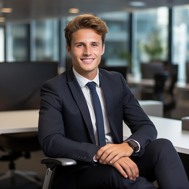 фото 25-летнего немецкого бизнесмена, улыбающегося каштановыми волосами в полный рост, стоящего в офисе