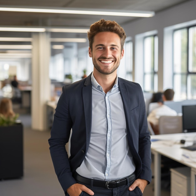 photo of a 25 year old german business man smiling brown hair full body standing in office