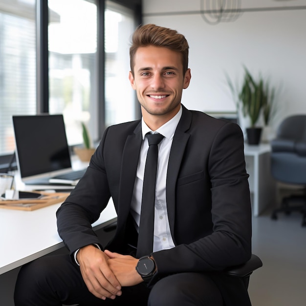 photo of a 25 year old german business man smiling brown hair full body standing in office