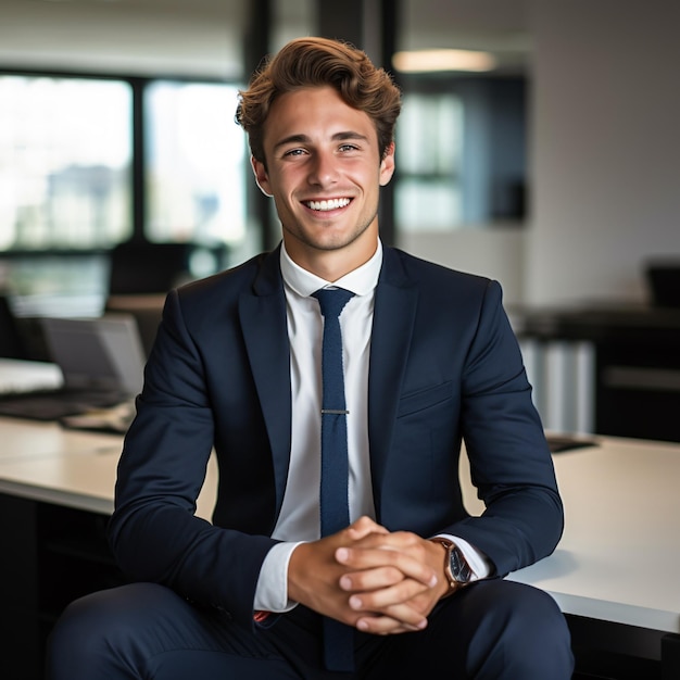 photo of a 25 year old german business man smiling brown hair full body standing in office