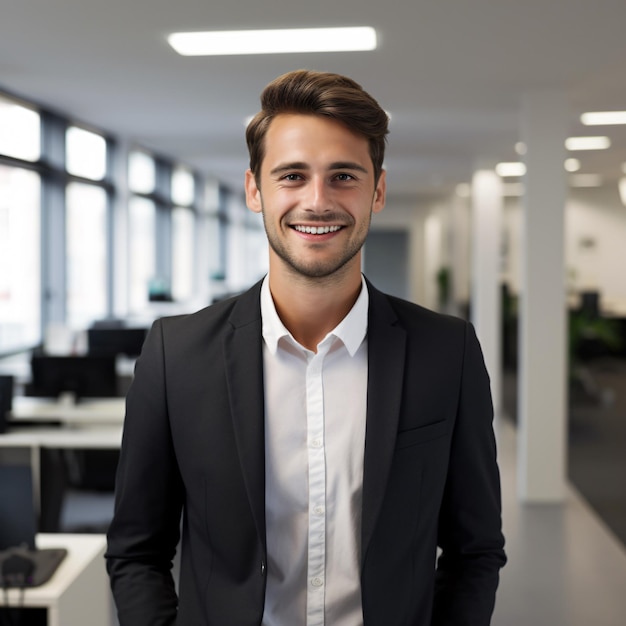 25세의 독일 사업가가 사무실에 서서 갈색 머리를 하고 웃고 있는 사진