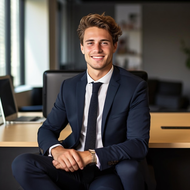 фото 25-летнего немецкого бизнесмена, улыбающегося каштановыми волосами в полный рост, стоящего в офисе