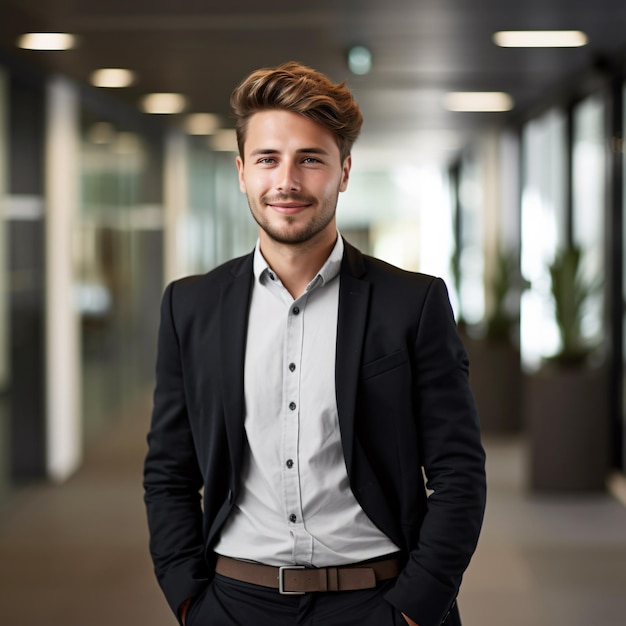 photo of a 25 year old german business man smiling brown hair full body standing in office