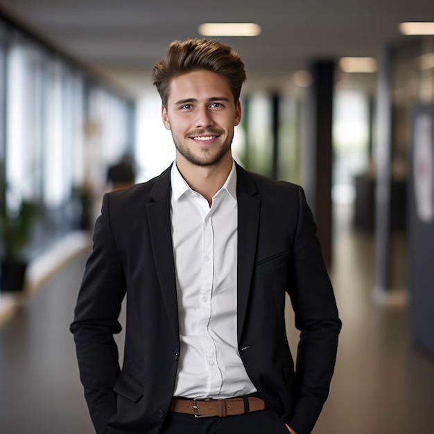 photo of a 25 year old german business man smiling brown hair full body standing in office