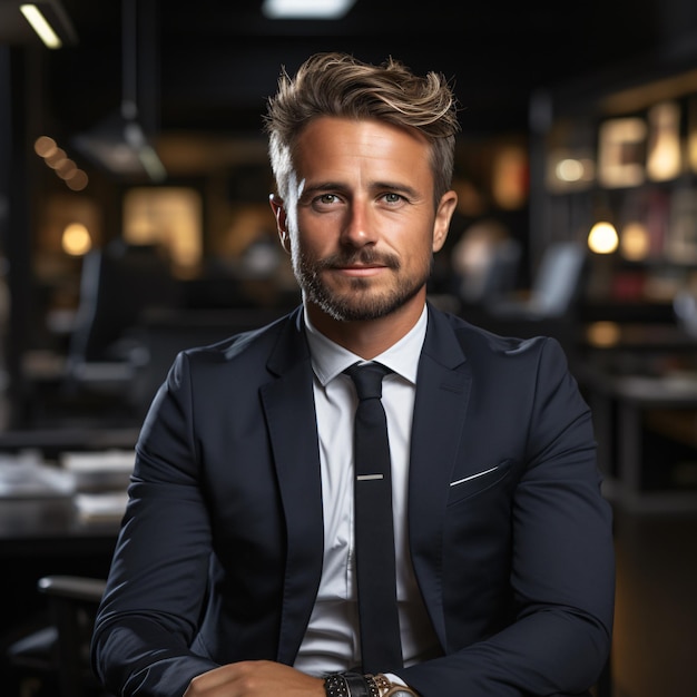 25歳のドイツ人のビジネスマンが笑顔で黒い金でオフィスに座っている写真