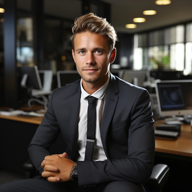 photo of a 25 year old german business man smiling dark blond hair full body sitting in office