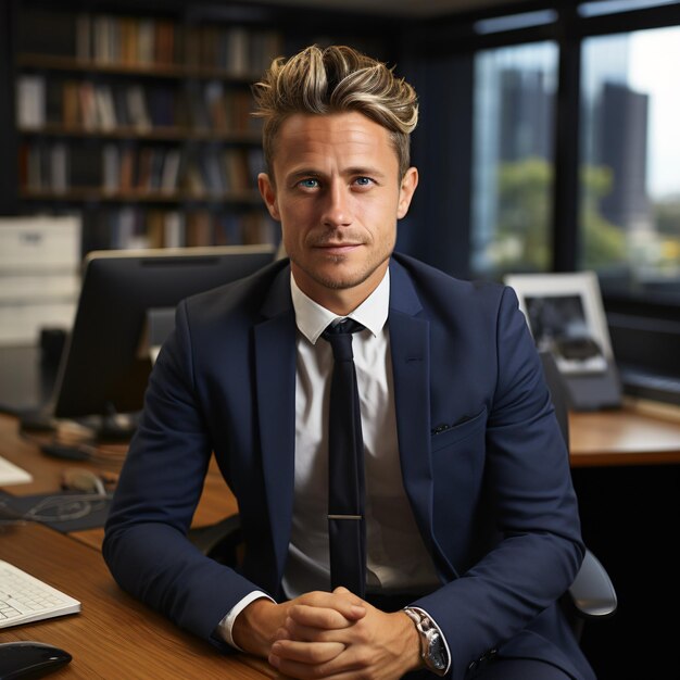 photo of a 25 year old german business man smiling dark blond hair full body sitting in office