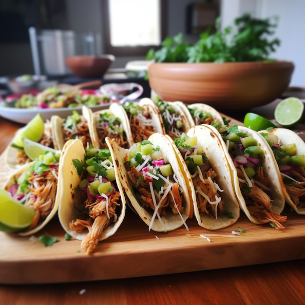 Photo 3 staged authentic mexican tacos each filled with succulent pulled chicken