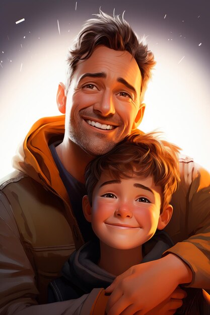 Photo 3d cartoon of happy father and son