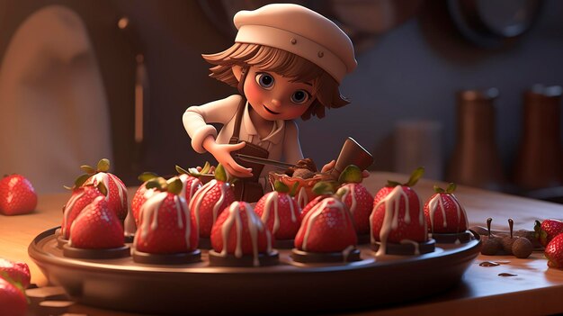 A photo of a 3D character arranging a tray of chocolate