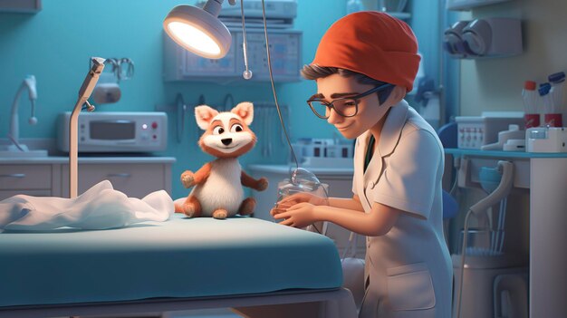 A photo of a 3D character assisting a veterinarian