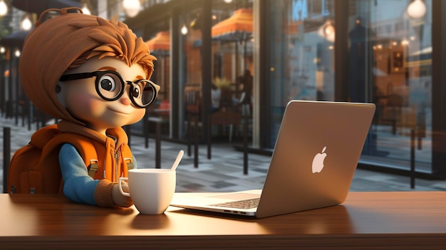 A photo of a 3D character at a coffee shop