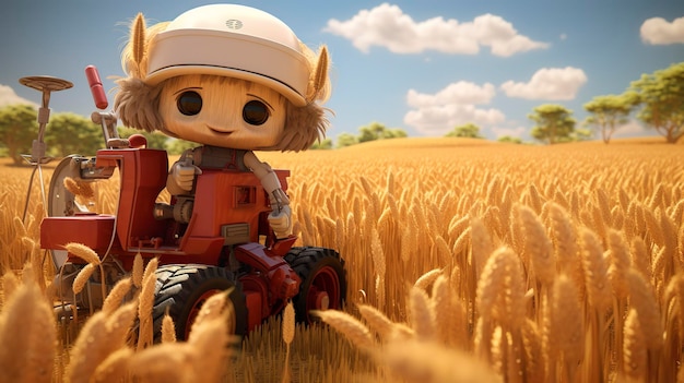 A photo of a 3D character on a combine header harvest