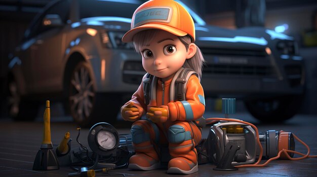 A photo of a 3D character conducting a comprehensive car repairing