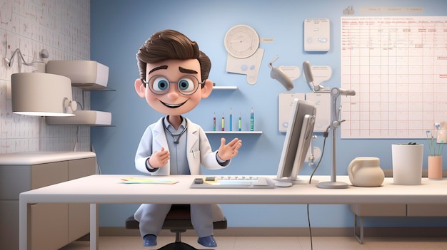 A photo of a 3D character in a consultation room