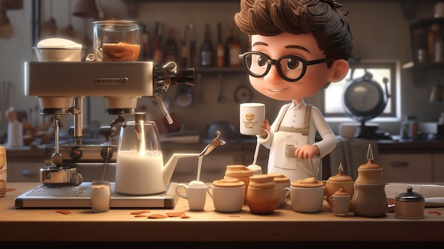 A photo of a 3D character crafting a latte macchiato