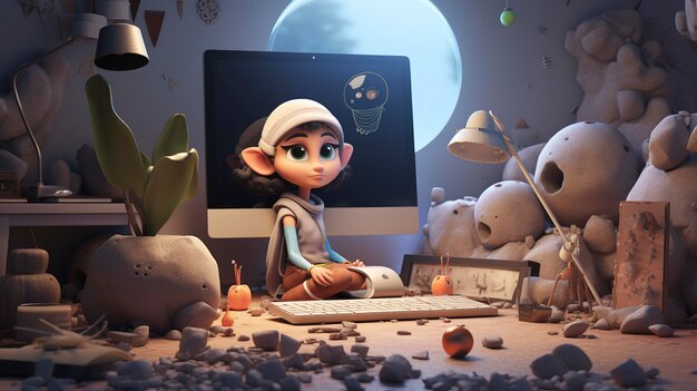 A photo of a 3D character in a creative workspace