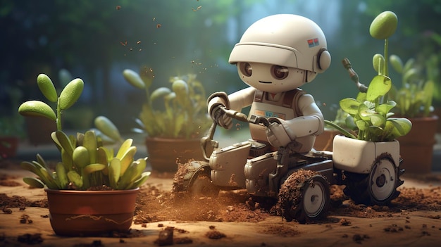 A photo of a 3D character cultivating soil with a root