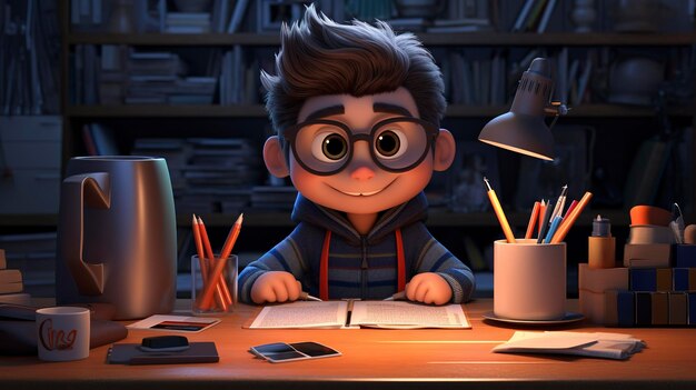 A photo of a 3D character at a desk with a cup of pen