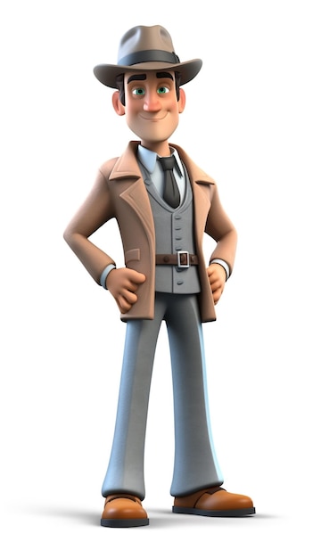 Фото 3D персонаж детектива мужчины с уверенностью генеративной ai