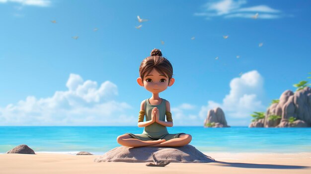 Photo a photo of a 3d character doing yoga at the beach